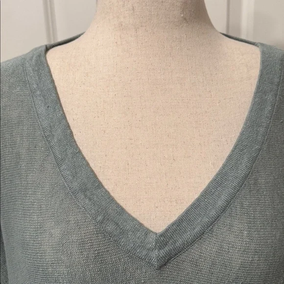 Garnet Hill Organic Linen V-Neck Oversized Sweater in light teal blue. - Picture 3 of 7